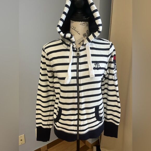 Tommy Hilfiger Jacket Women’s Sz S Navy Blue White Stripped Full Zip Hood Logo - Picture 1 of 10